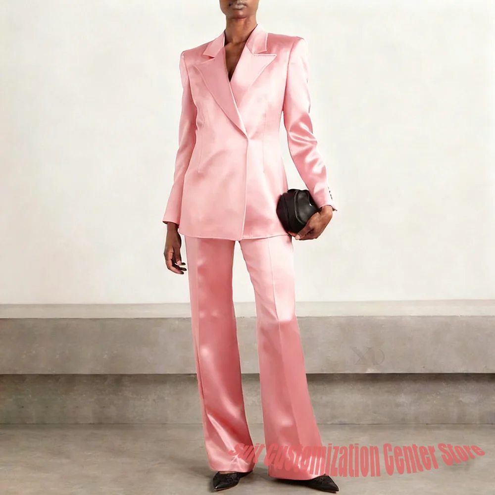 بدلة نسائية لامعة من الساتان الوردي أنيقة مكونة من قطعتين سترة مخفية الصدر + سراويل ملابس خارجية للحفلات المسائية الرسمية