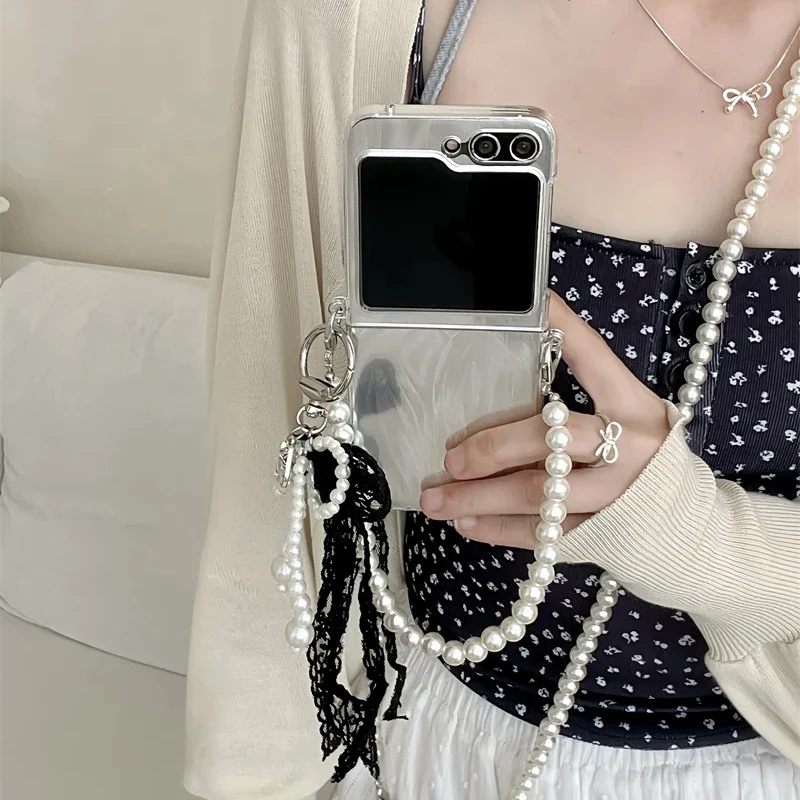 Luxury Crossbody Long Pearl Chain Phone Cases For Samsung Galaxy Z Flip 6 5 4 3 5G Feather Yarn Cards Shockproof Hard Cover