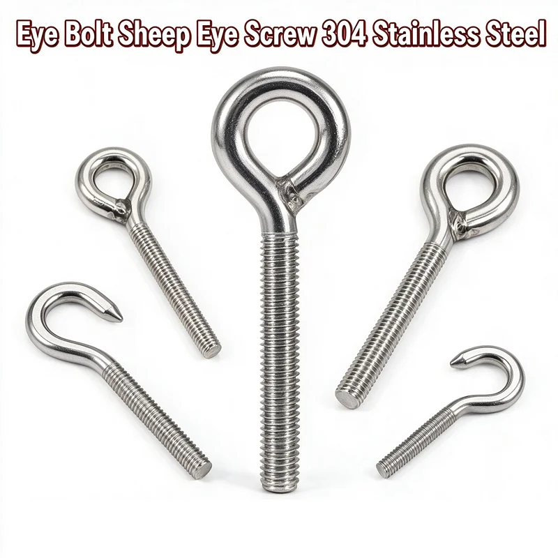 304 Stainless Steel Eye Bolt Sheep Eye Screw Ring Lifting Hook Machine Thread Suspension Fastener M4-M24