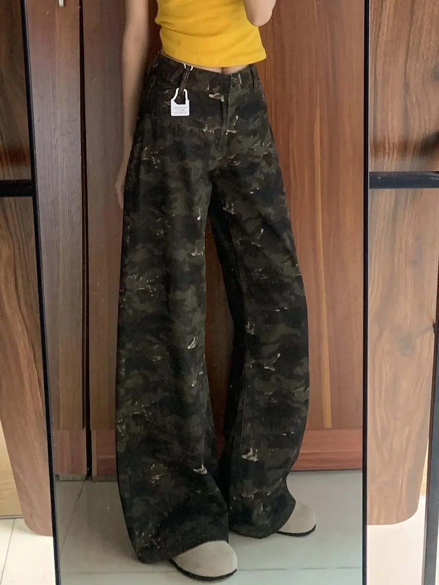 جينز مموه أنيق للنساء بتصميم أمريكي عتيق جديد مستقيم الساق للتخسيس متعدد الاستخدامات بطول الأرض من قماش الدنيم #2