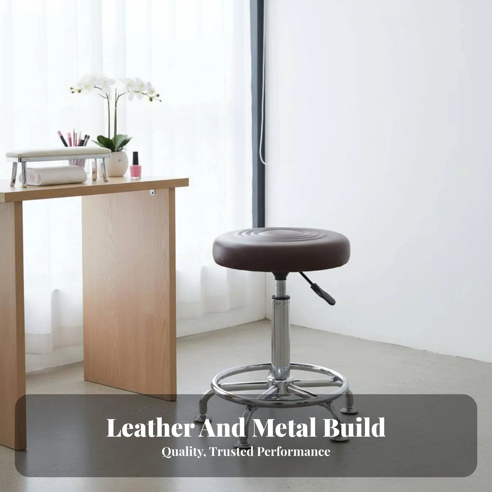 調節可能なパッド入り回転スツール（ホイール付き）-調節可能なホイール付きスツール-長時間使用可能-シルバー仕上げ-丈夫な仕上がり