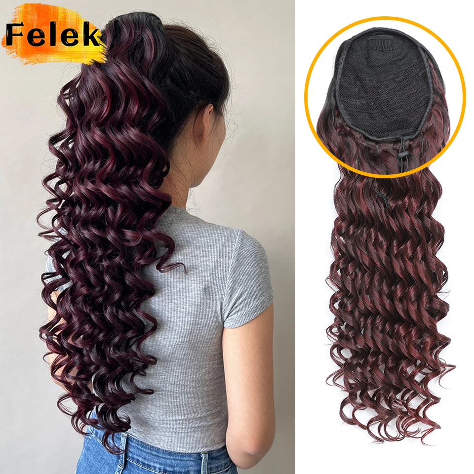 Synthetic Curly Drawstring Ponytail Extension For Women 24 Inch Long Wavy Fake Pony Tails Clip in Hair Extensions For Daily Use