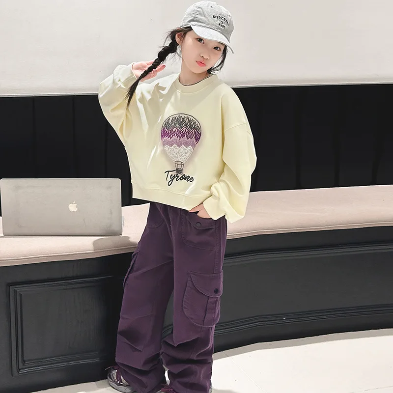 Spring Autumn Kids Girl Clothes Set Children Girl Cartoon Printed O-neck Pullovers+Cargo Pants Trousers Students Clothes Sets