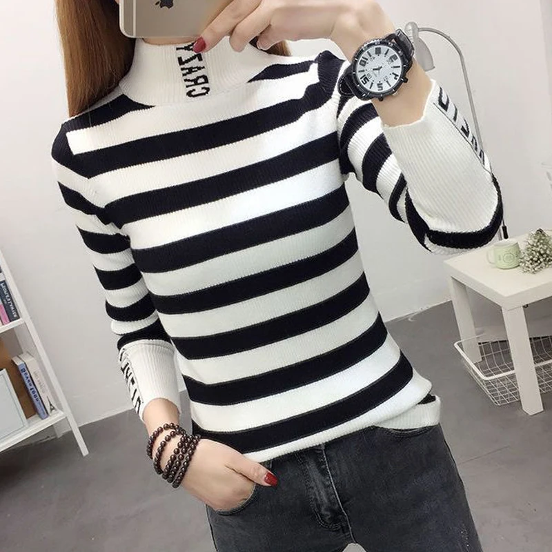 2023 Autumn Winter Women\'s Korean Fashion Striped Slim Basic Knitwear Female Half High Collar Long Sleeve Pullover Tops Jumpers