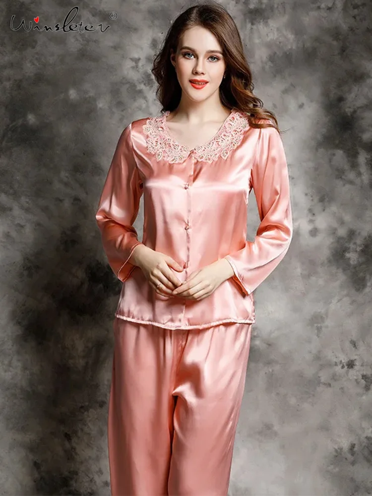 Long Sleeve Lace V-neck,100%Natural Silk Sexy Pajama Set,Satin Breathable Nightwear,2024 Summer Fall New Loungewear,S30758QM