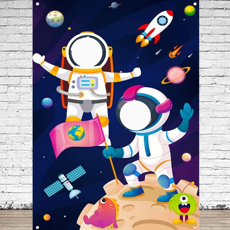 Outer Space Photo Door Banner Astronaut Face Photography Backdrop Banner Astronaut Pretend Play Party Game Background