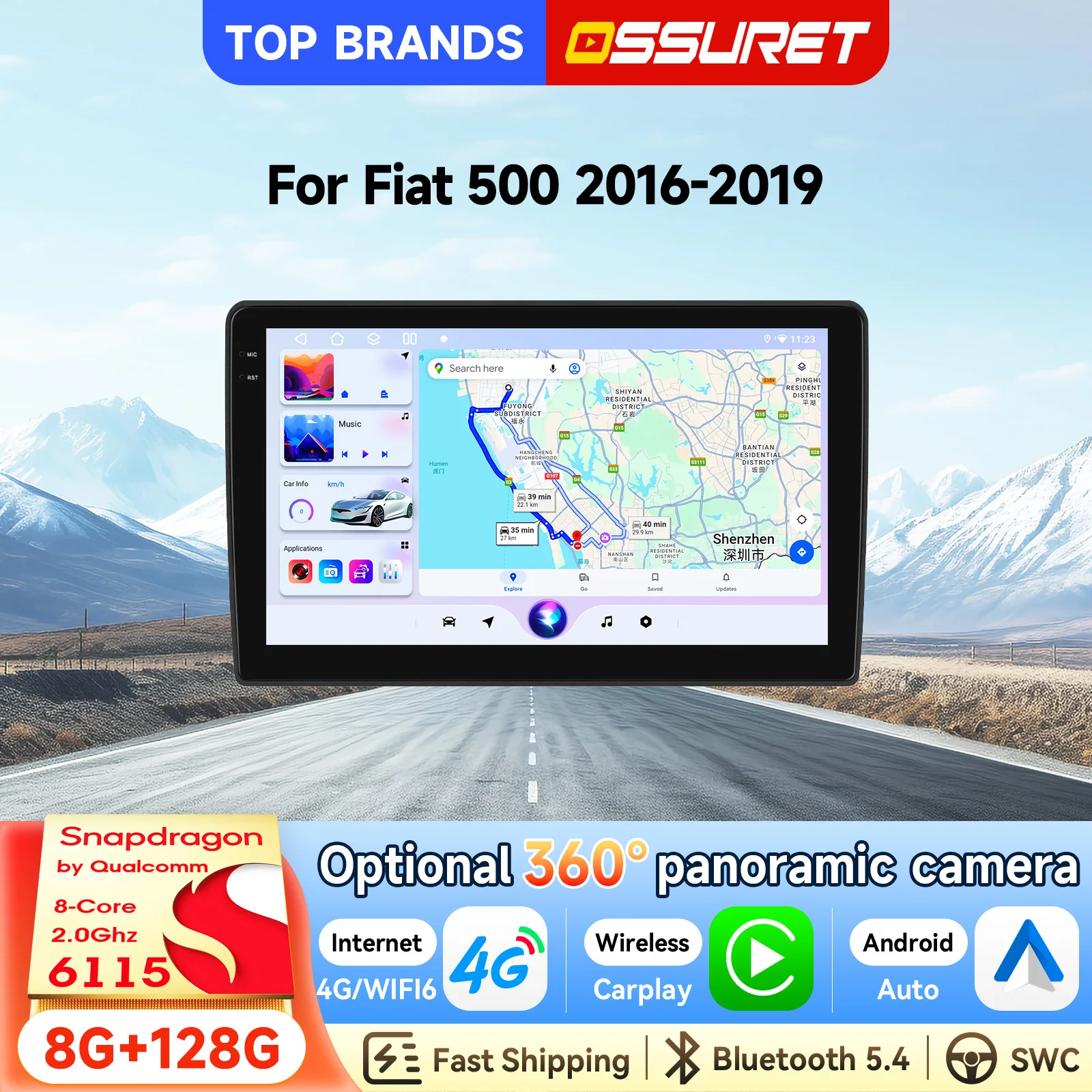 OSSURET Kostenloser Versand 9 Zoll Android 15 Autoradio für Fiat 500 2016-2019 Auto-Stereoanlage Bluetooth Freisprecheinrichtung DSP Audio von Qualcomm Snapdragon 6115 Octa Core Wireless CarPlay