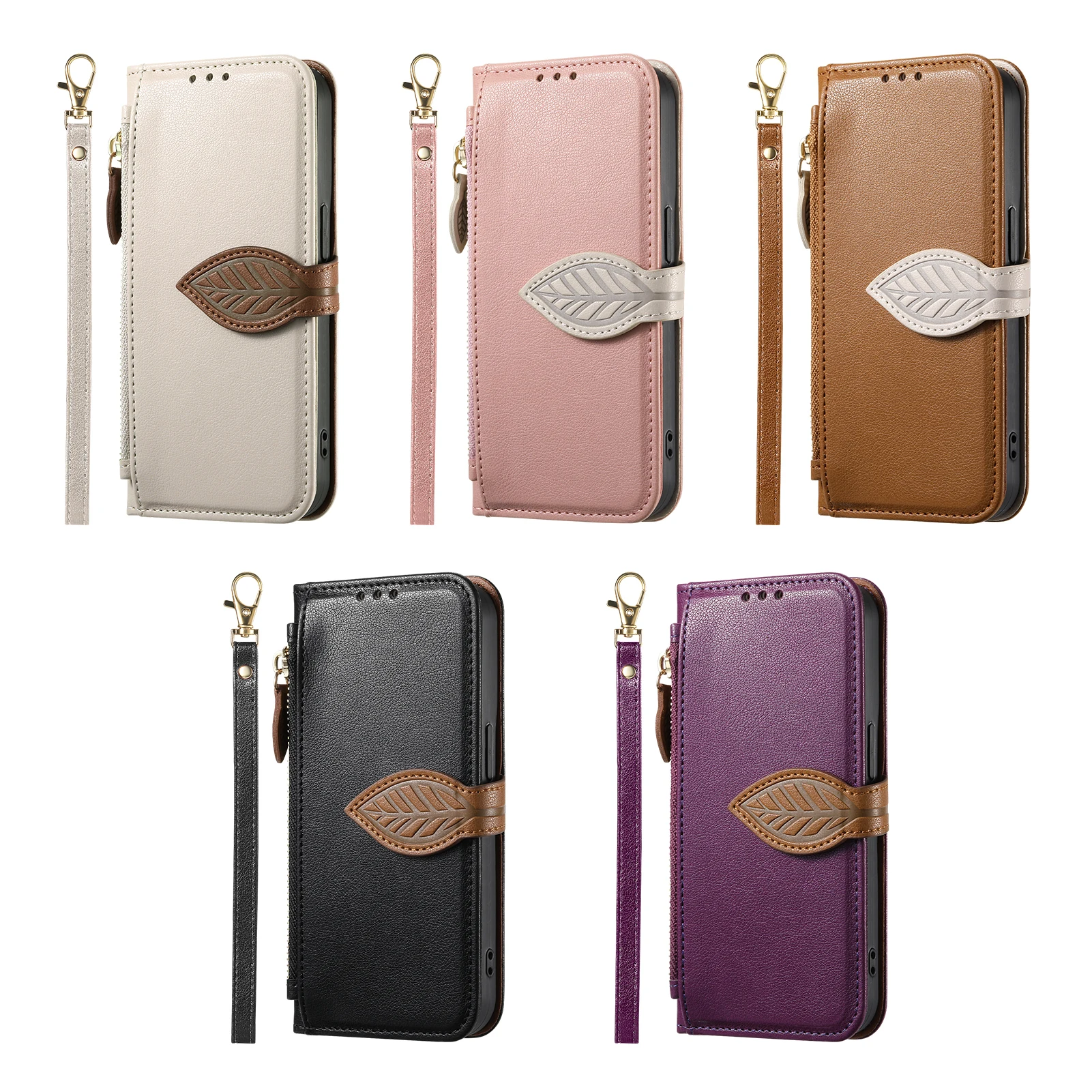 Wallet Flip Case for Samsung Galaxy A57 A37 A27 A56 A36 A26 A55 A35 A25 4G 5G Leaf Design Cover, Detachable Wrist Strap