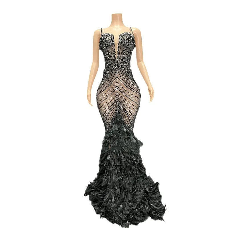 

Product Black Rhinestone Feather Dress Mesh Red Evening Dress Elegant Vestidos Festas E Eventos Damen Kleider Abendkleid Elegant