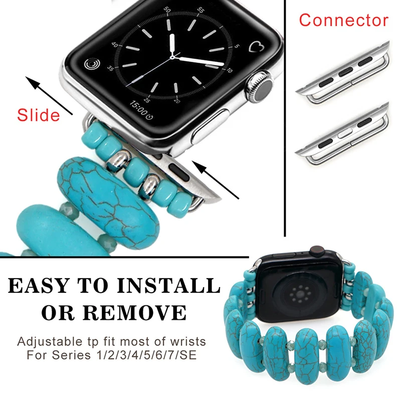 UTHAI Niche Turquoise Semi-Precious Stone Blue Crystal Strap for Apple Watch Band 38 40 42 44mm Bracelet iWatch Series 7 6 5 4 3