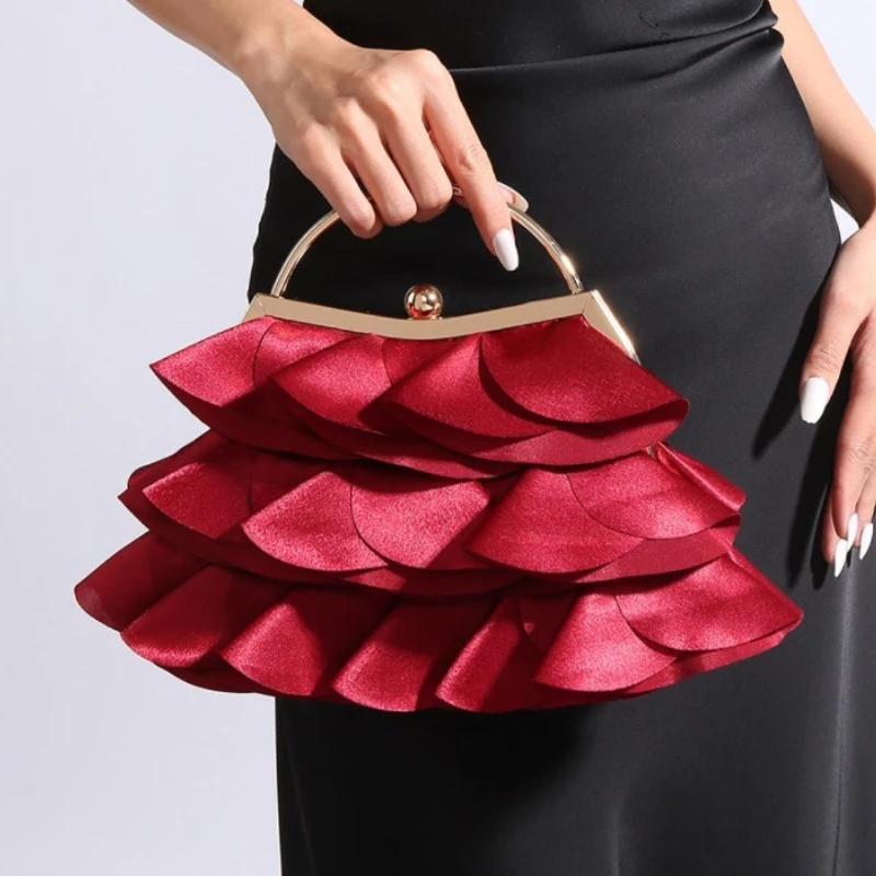 2026 New Pure Color Wedding Party Handbags Sweet Ruffled Petal Pleated Evening Bag Fairy Bucket Bag with Long Shoulder Chain