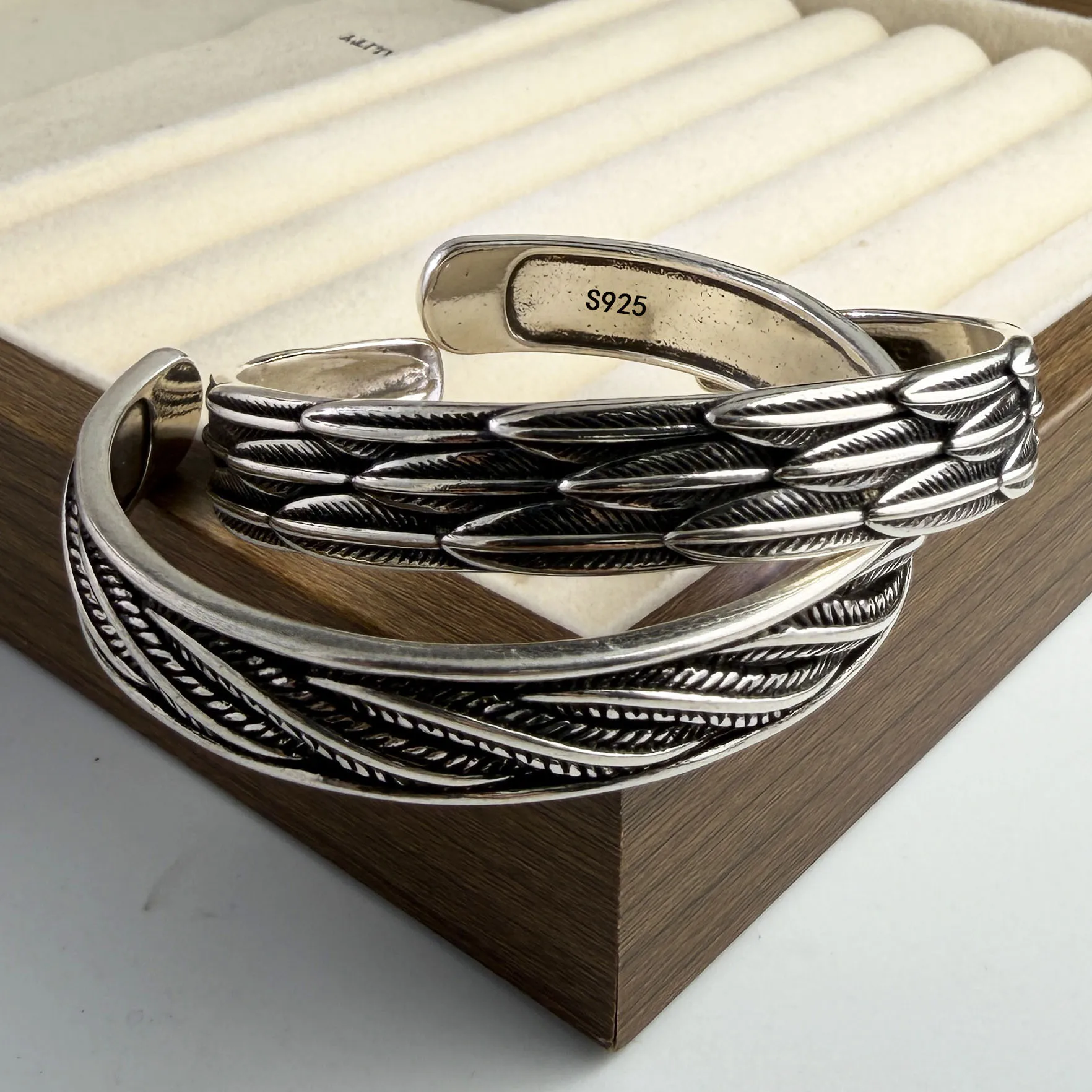 100% Solid 925 Sterling Silver Metal Bracelet for Women Vintage Handmade Simple Retro Feather Wide Bracelet Birthday Gift Party