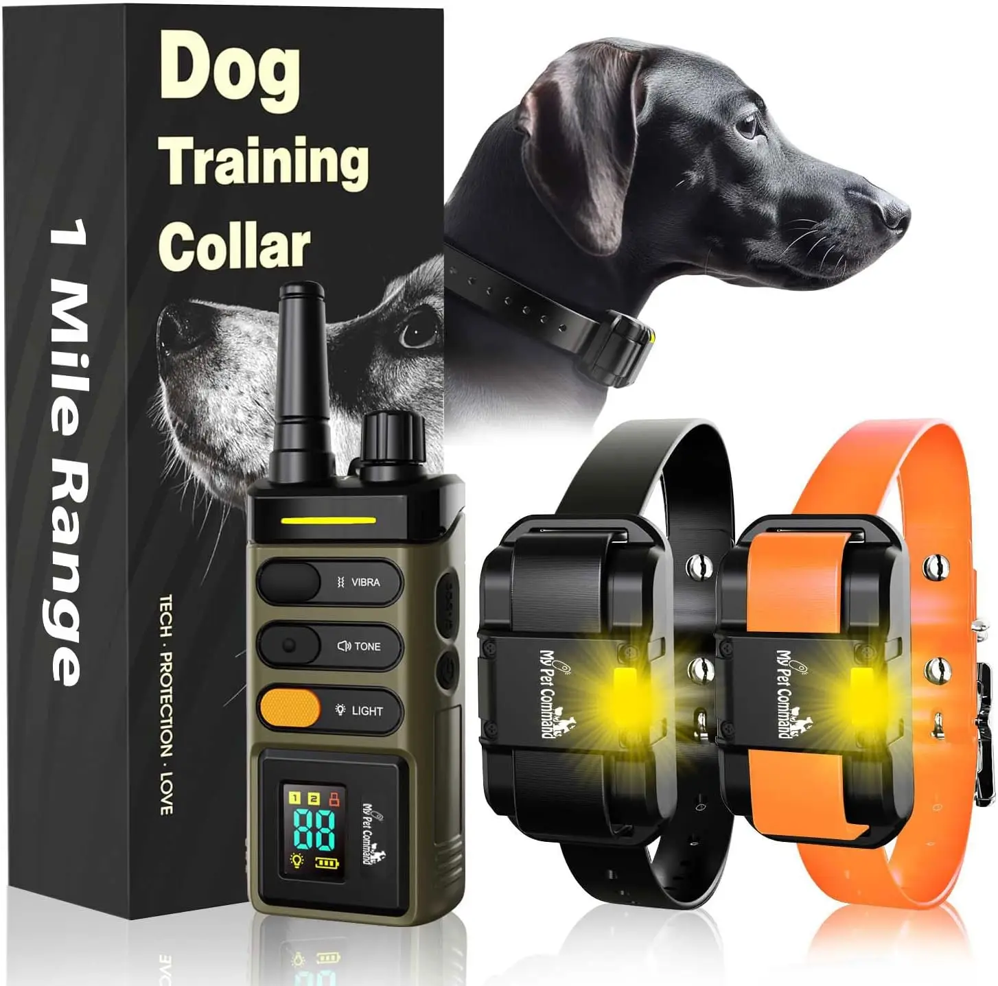 

Long Range Dog Training Collar, 1 Mile Remote, Rechargeable Waterproof, Shock/Vibrate/Tone, Up to 2 Collars
