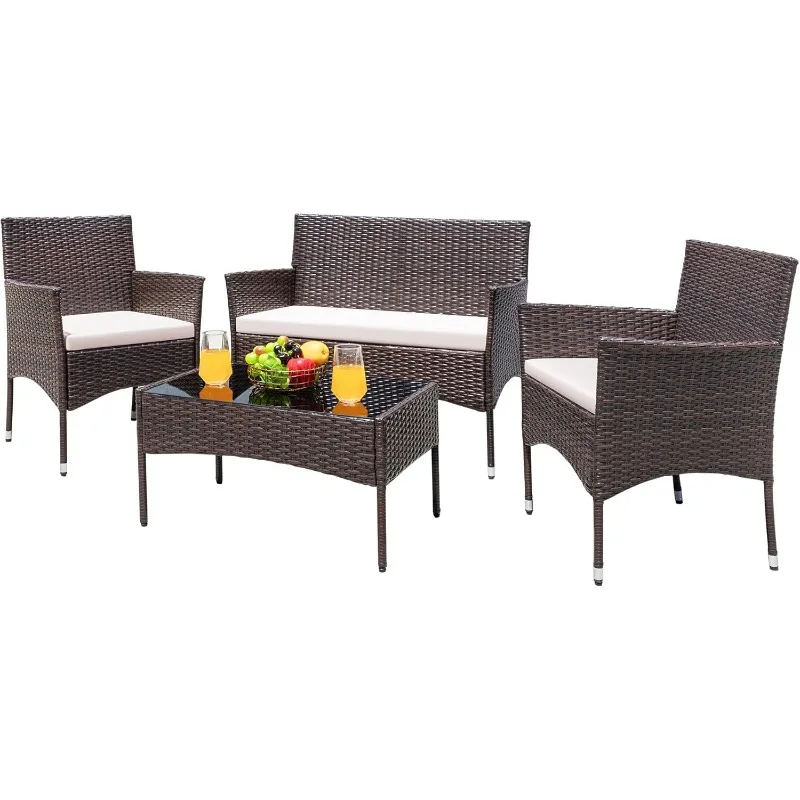 

Greesum Patio Furniture 4 Pieces Conversation Sets Outdoor Wicker Rattan Chairs Garden Backyard Balcony Porch Poolside loveseat