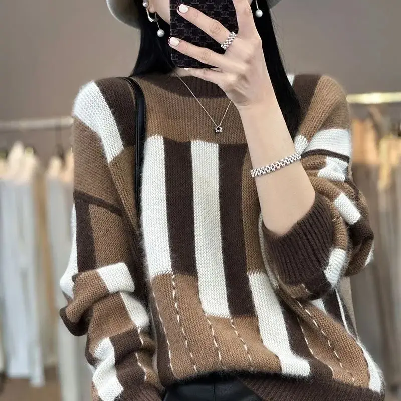 Female Clothing Patchwork Geometric Sweaters 2023 Autumn Winter Vintage Fashion Contrasting Colors Casual O-Neck Knitted Jumpers