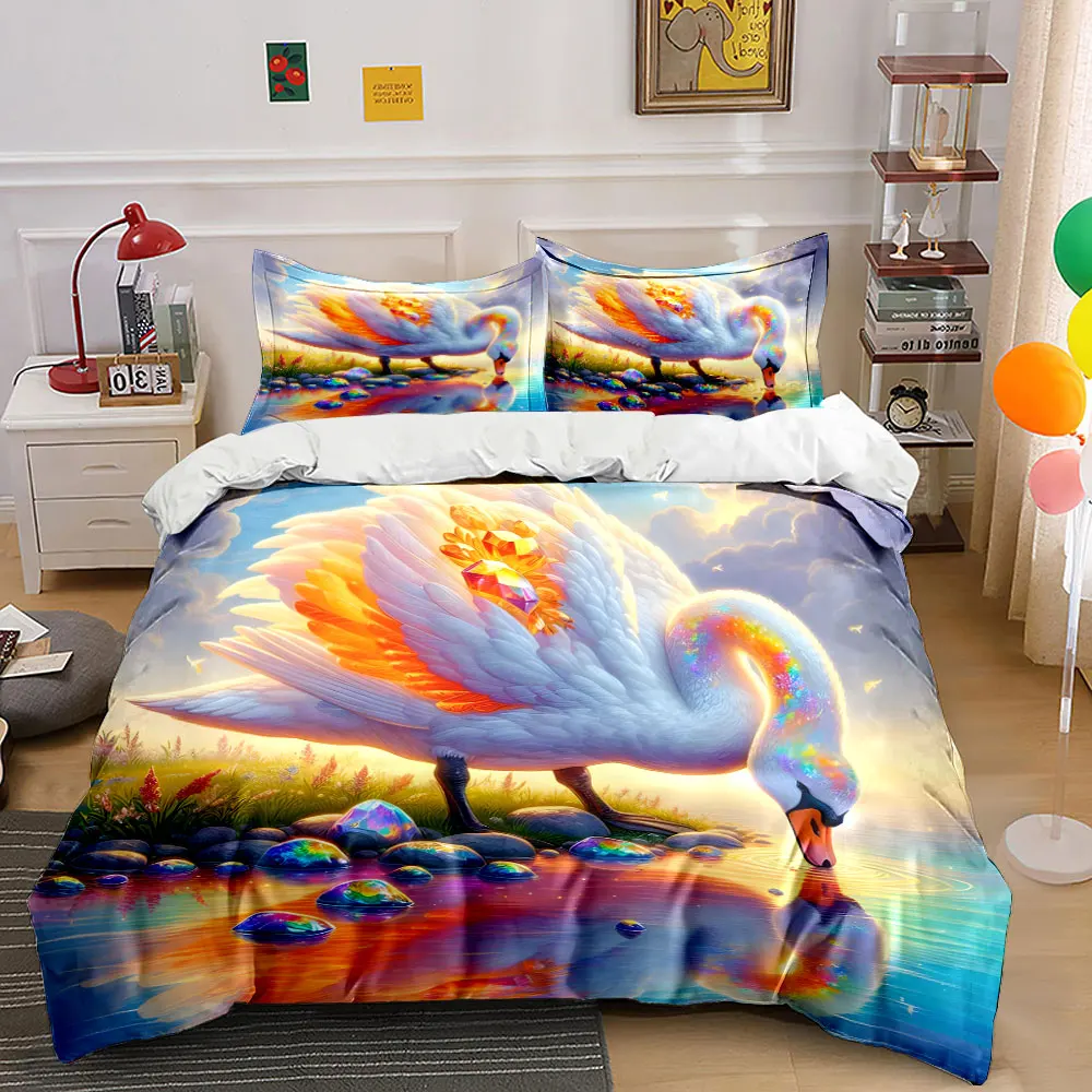 Bright Swan with Glittering Crystals Pattern Duvet Cover Set Digital Print Colorful Polyester Bedding with Zipper Closur