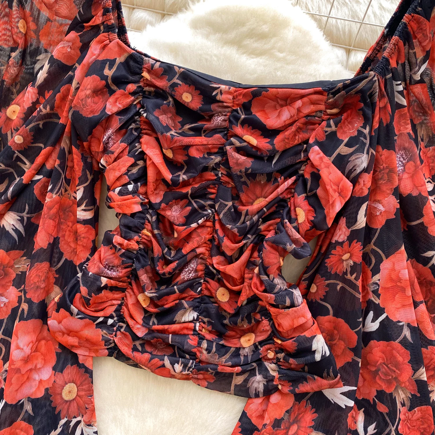 Koszulka damska Y2k Goth Spice Girl chic z siateczkowym nadrukiem, plisowana, z długim rękawem, dopasowana, odzież damska