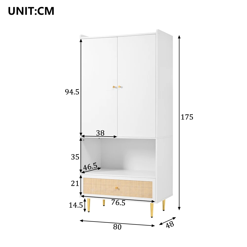 PINGGO Weißer Kleiderschrank mit 2 Türen, Rattanschublade, Metallbeinen und Griffen, 80x48x175cm, für Schlafzimmer und Wohnzimmer – Detail 4