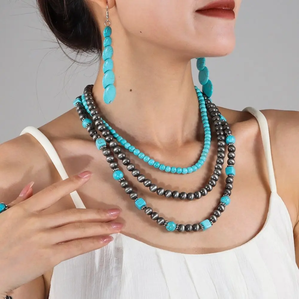 Fashion Bead Multilayer Turquoise Necklace Ethnic Style Stacked Western Country Necklace Retro Pendant Beach Choker Gift