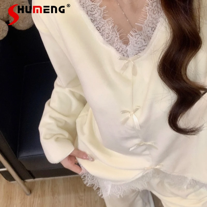 

Autumn Winter Velvet Home Clothing Set Women's Warm High Quality Lace Pajamas Female Japanese Style Chest Pad Sleep Suits