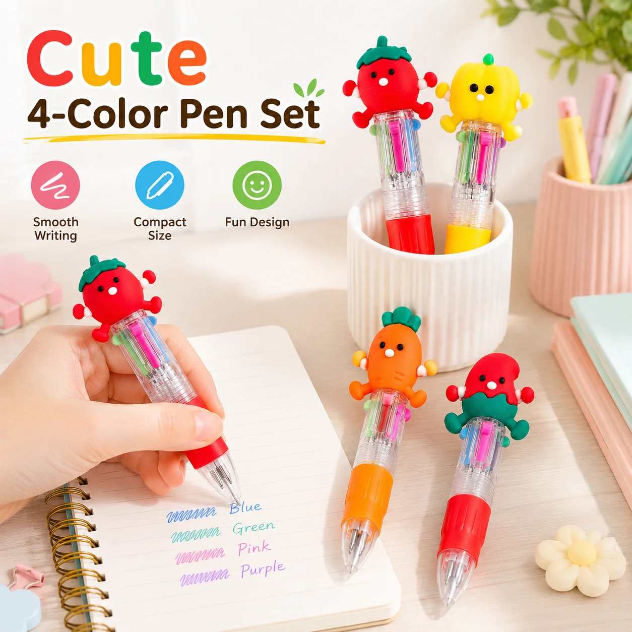 New Mini Cartoon Vegetable 4-Color Pen, Portable Multi-Color Ballpoint Pen for Students, Cute Stationery Gift