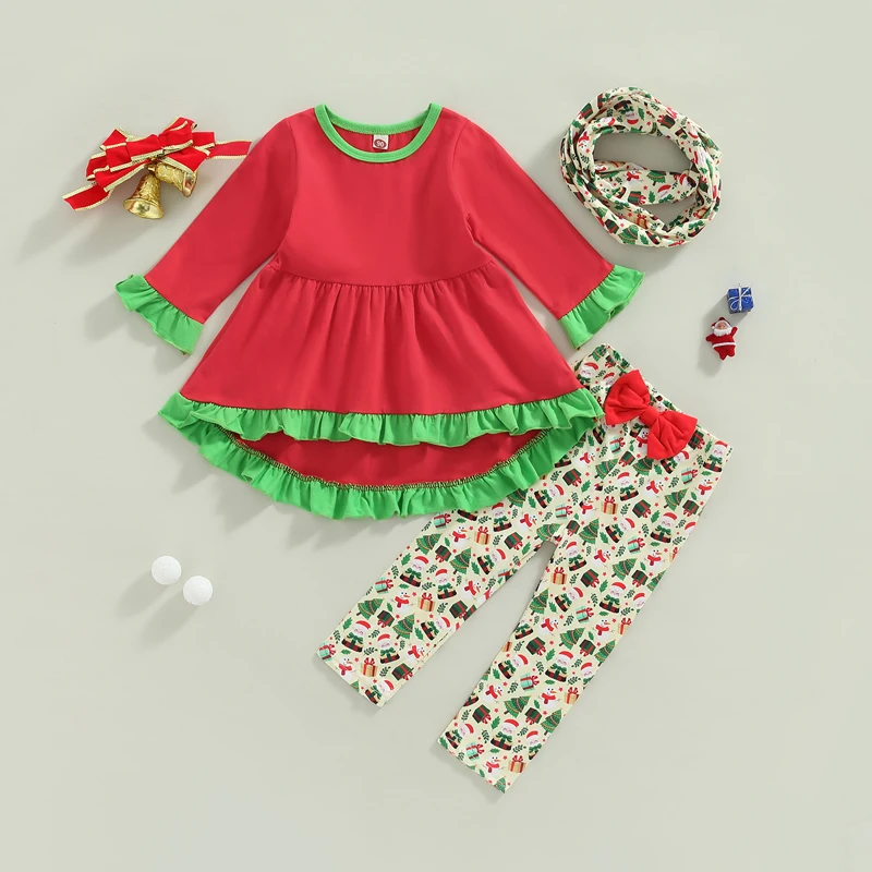 Kinder-Outfit, stilvolles, langärmliges Rüschenoberteil mit Rundhalsausschnitt, Weihnachtsmann-Schleifenhose, passender Schal für einen trendigen Look