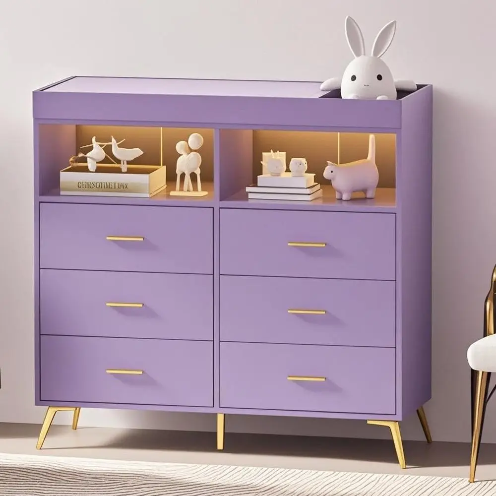 

Multifunctional Nursery Dresser with 6 Drawers, Change Table, LED Lights & Charging Station