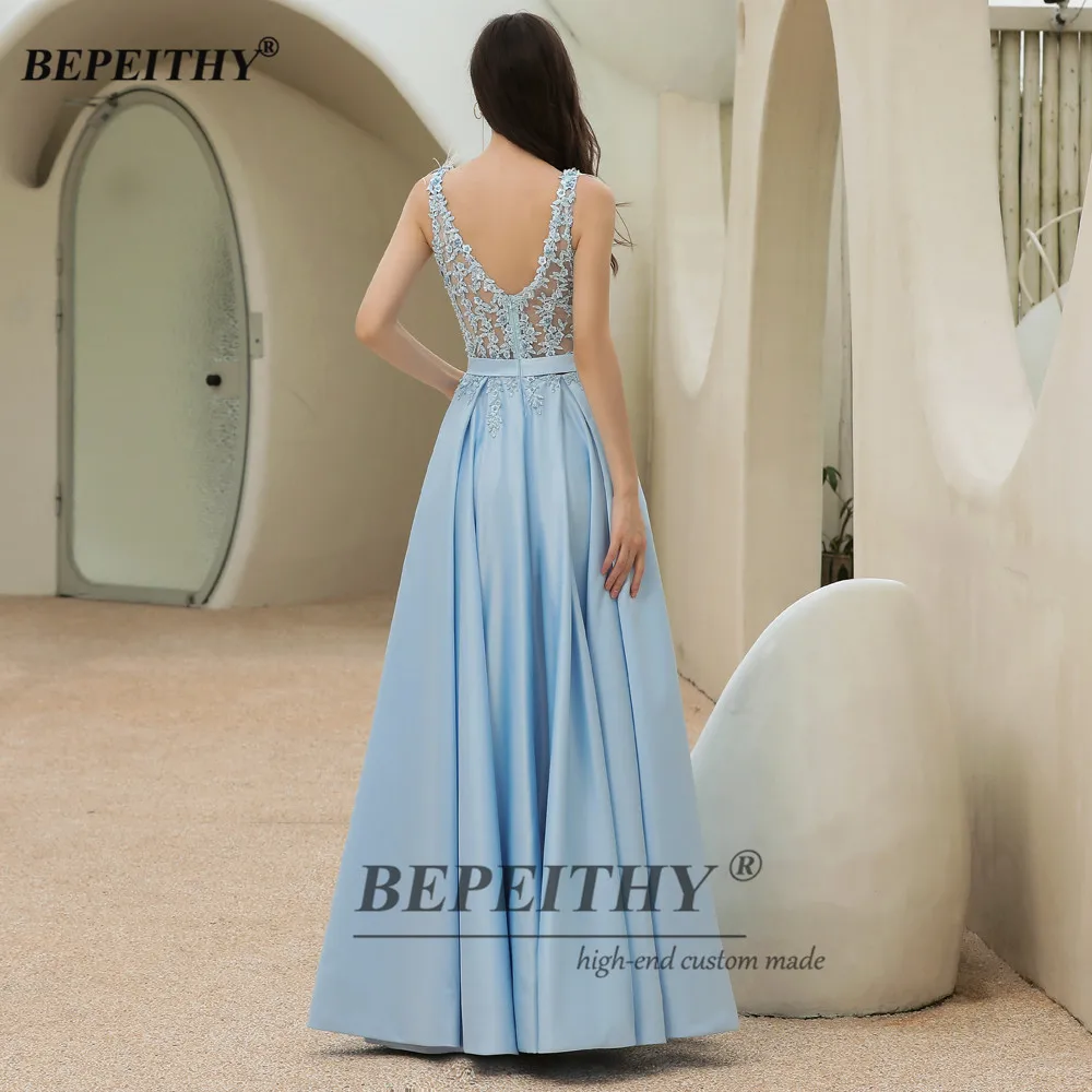 BEPEITHY Sky Blue A-Line ชุดราตรีหรูหราสำหรับผู้หญิง V คอชุดราตรี2023สูงพร้อมขนนกไหล่