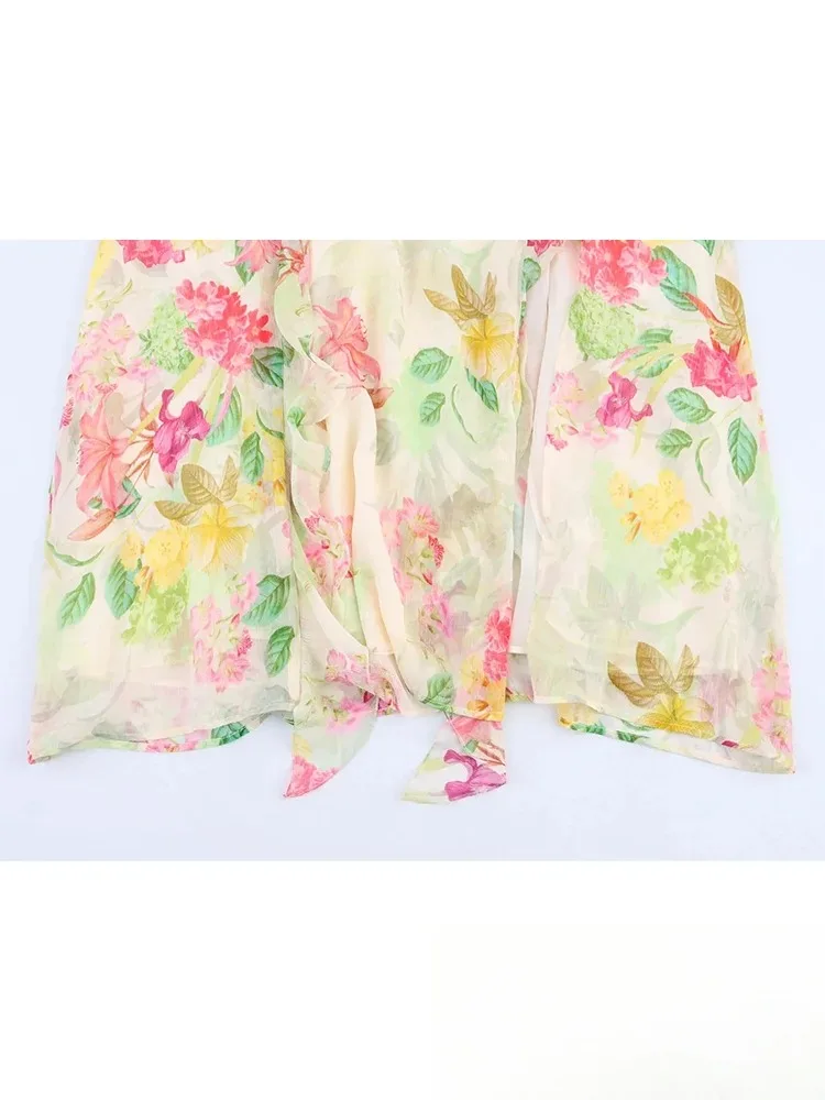 KONDALA セクシービーチシック レディースワンピース プリント Vネック ノースリーブ ジッパー ホローアウトワンピース 最新ファッション 2025 春夏 パーティードレス