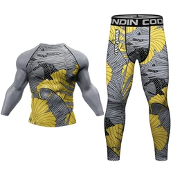 Yellow Drawing Sublimation Printed Training Men Long Sleeve BJJ MMA Rash Guard Compression Tights T shirt+leggings sportsuits