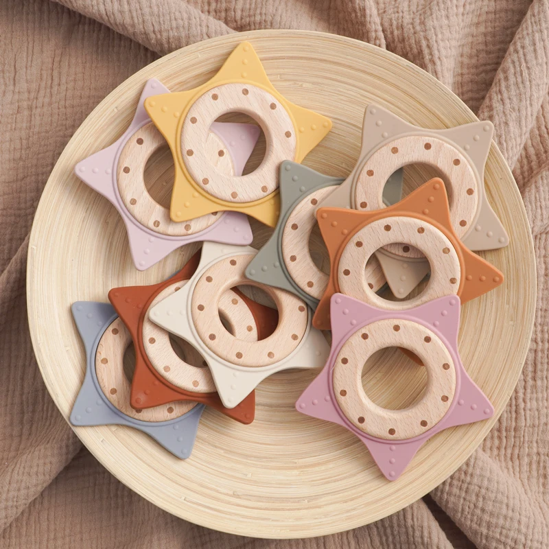 1PC Silicone Teether Baby Star Shape Wooden Ring Kid Baby Toy Gift BPA Free Silicone Children Chewing Teething Goods