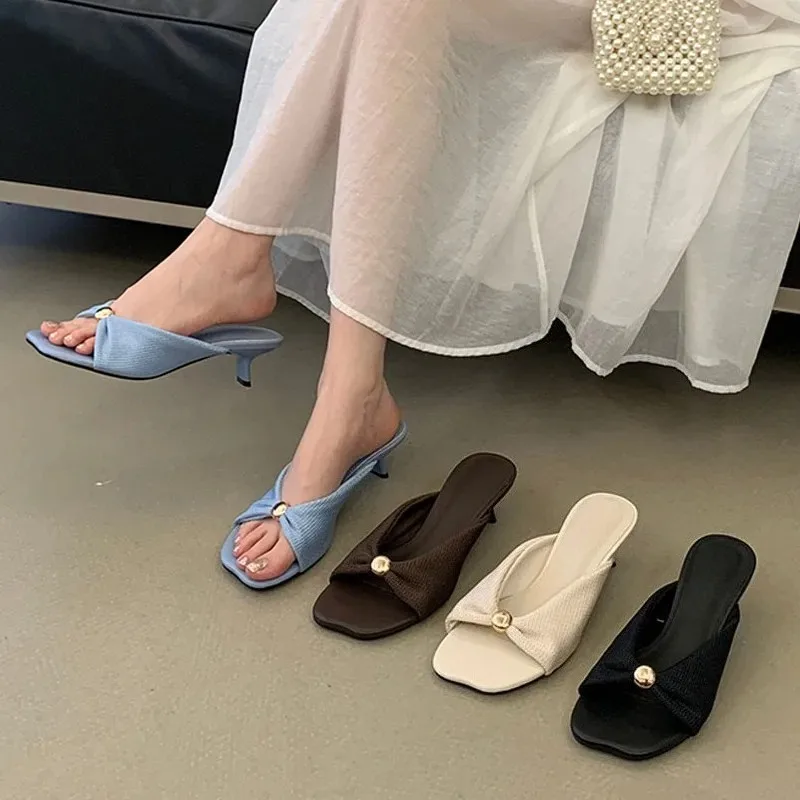 

Aneikeh 2026 New Twisted Knot Kitten Heel Mules Women Gold Button Slip-On Sandals Square Toe Summer Casual Shoes