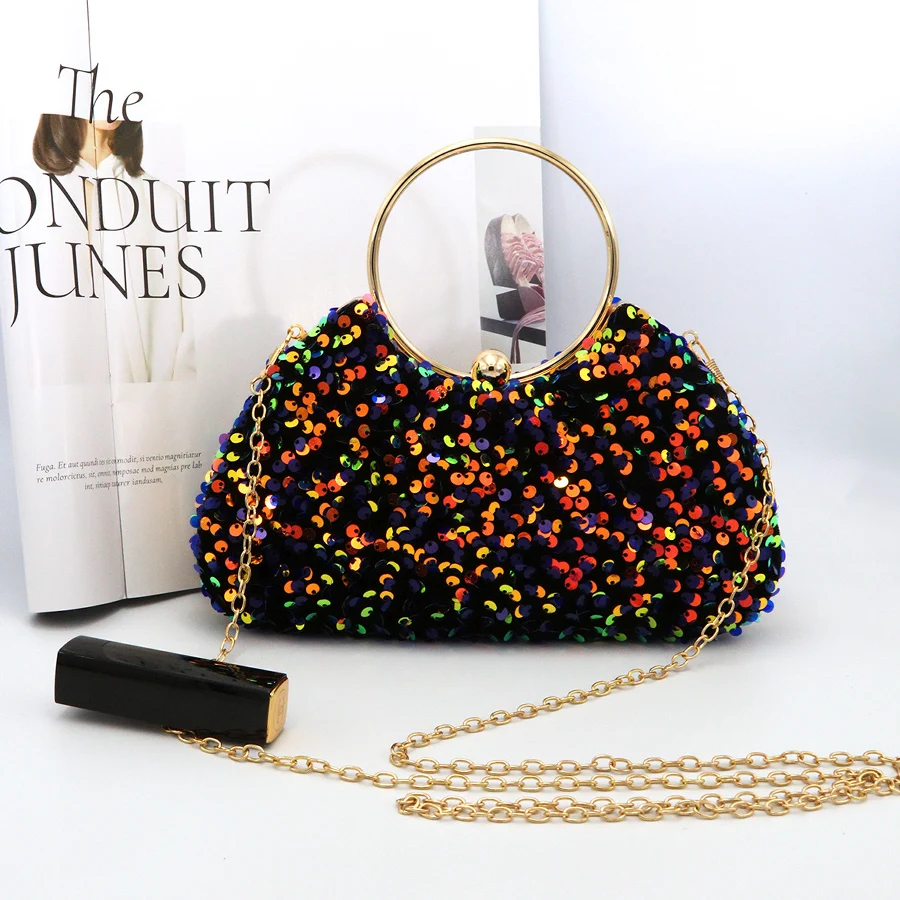 

Sequins Evening Handbag Women Round Metal Top Handle Glitter Day Clutch Ladies Wedding Dinner Dress Clip Bag Chains Party Purse