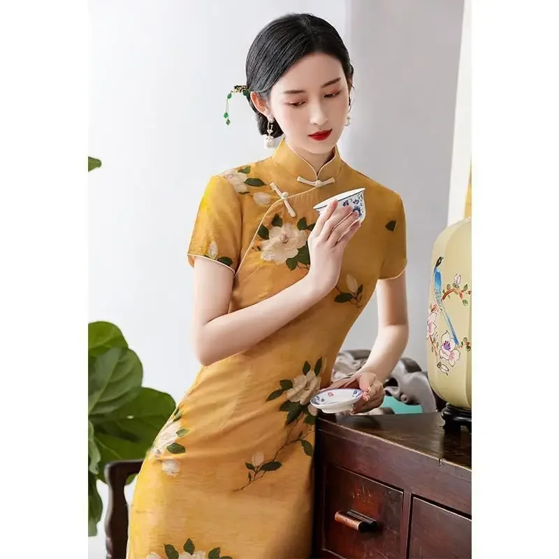Improved Version Of Cheongsam Dress Slim Summer In Old Shanghai Chinese Style Temperament Long Yellow Short Sleeve Dress Qipao
