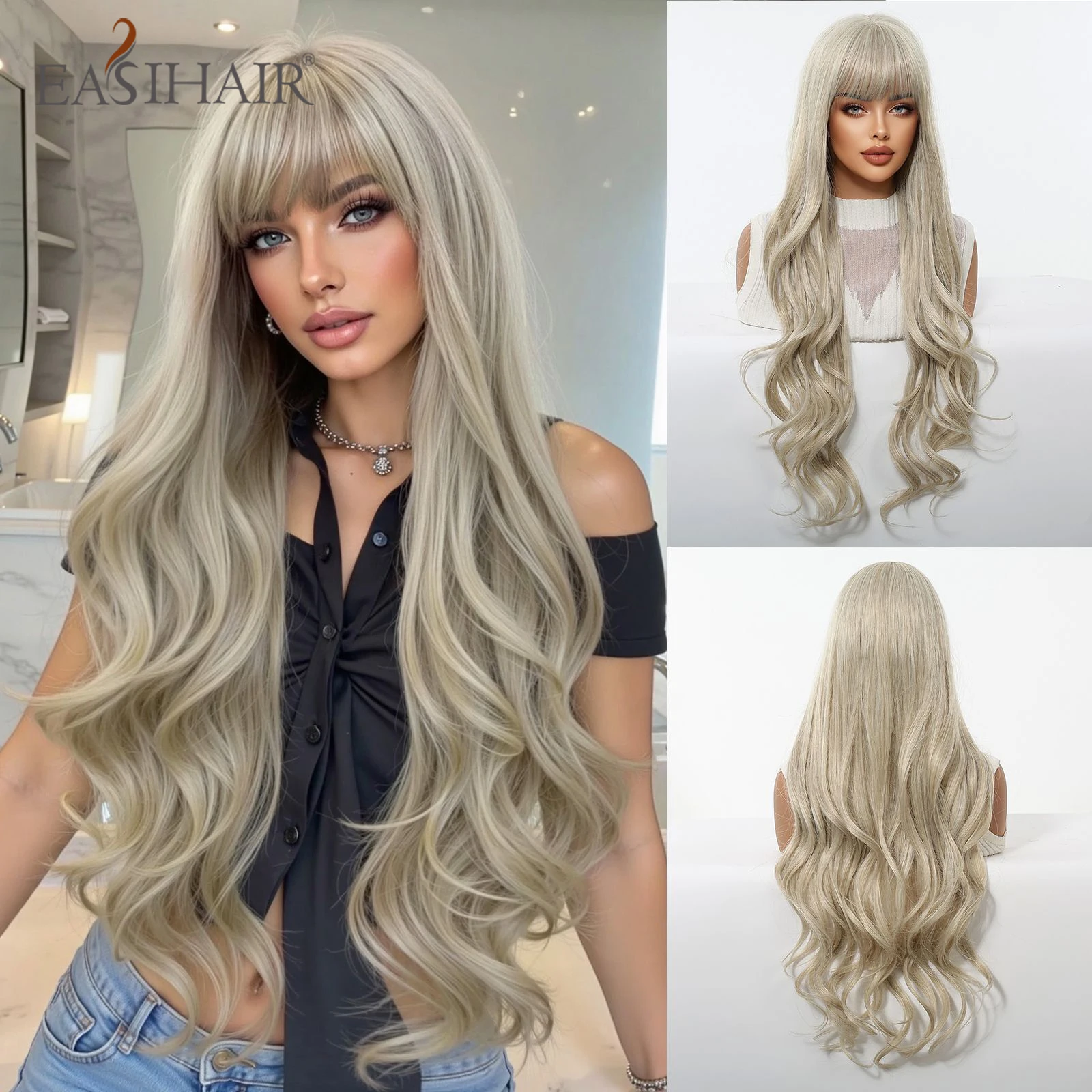 EASIHAIR Pale Blonde Wavy Curly Synthetic Wigs for Women With Bangs Long Wavy Platinum Blonde Hair 30 Inches Wigs Heat Resistant