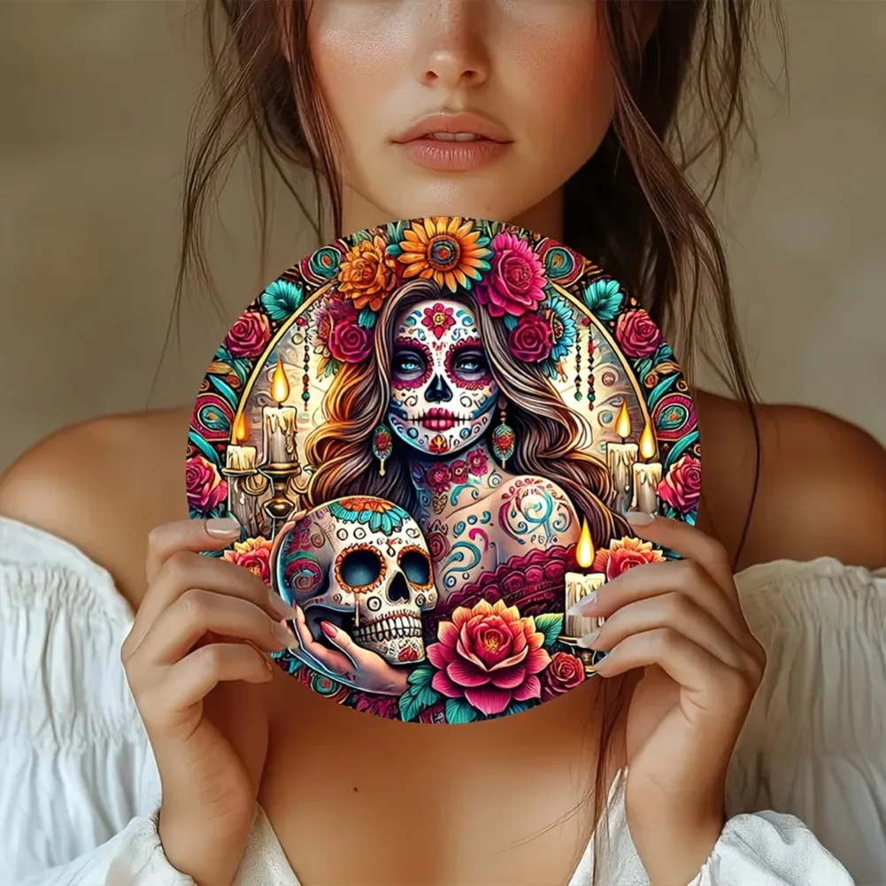 1pc 8-Inch Round Frameless Iron Wall Art - Traditional Mexican Sugar Skeleton Design, Vintage 2D Metal Sign, Ideal for Home/Bar view 2