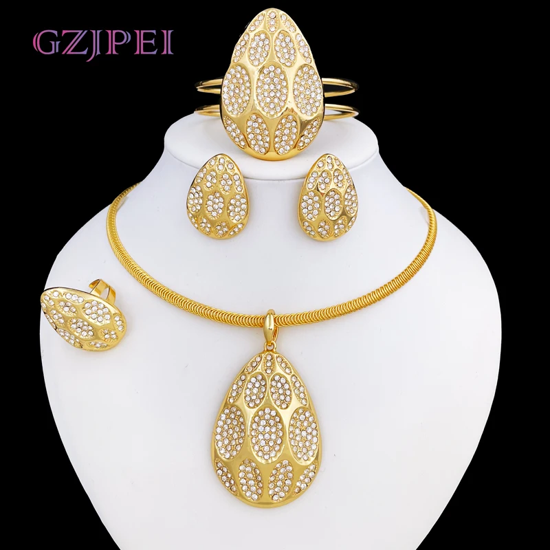 

Luxury Jewelry Set For Women 24k Gold Plated Non Tarnish Dubai Nigeria Jewelry Water Drop Necklace Earrings Ring Bracelet 4PCS