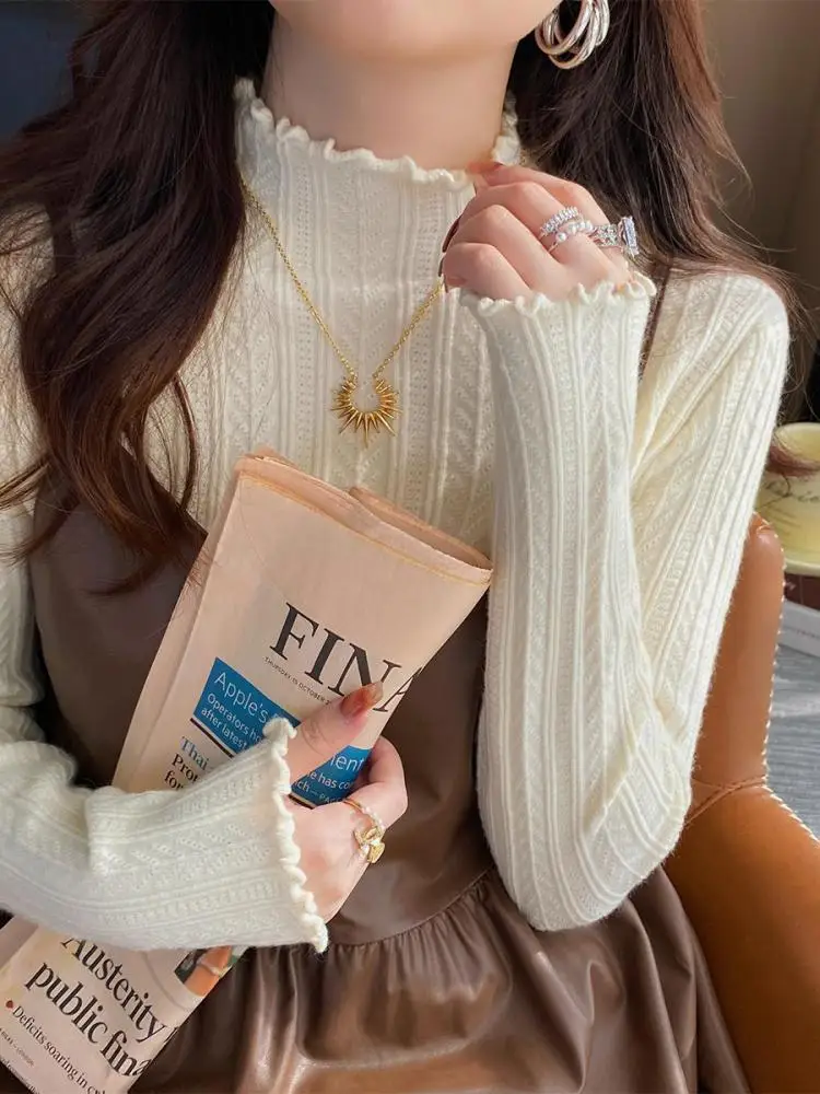 2024 Ruched Turtleneck Women Sweaters Autumn Winter Warm Pullover Slim Tops Knitted Sweater Jumper Soft Pull Female