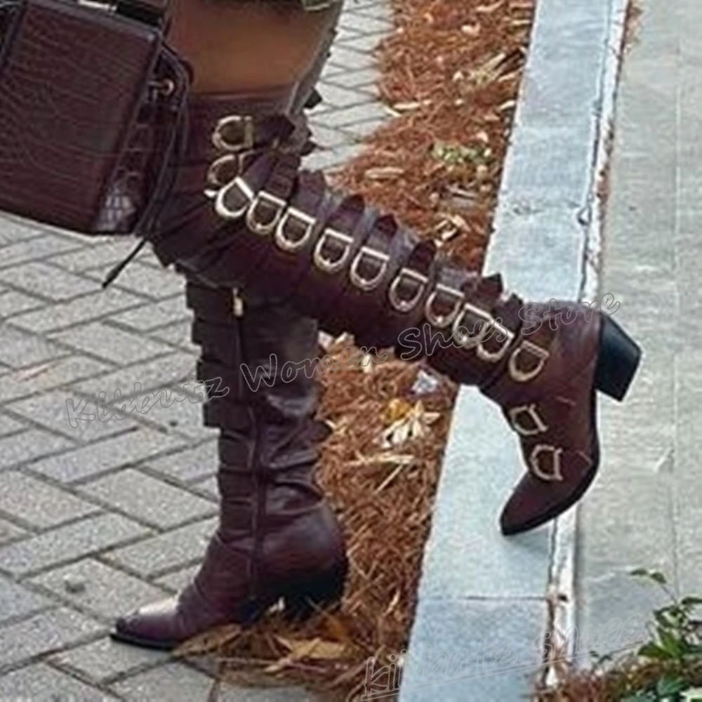 Botas vaqueras por encima de la rodilla, moda Vintage, novedad de lujo, zapatos sexis elegantes de cuero conciso de Color sólido con hebilla de cinturón, lo más nuevo