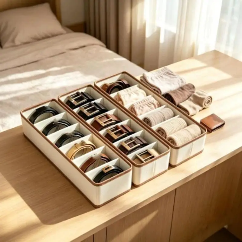 Belt Organizer Storage Box 6 Compartments Leather Style Drawer Organizer Belts Ties Scarves