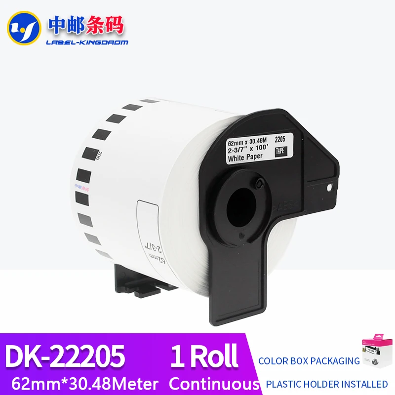 1 Roll Compatible DK-22205 Label 62mm*30.48M Continuous For Brother QL-570/700/800/1060/1100 Printer All Include Plastic Holder