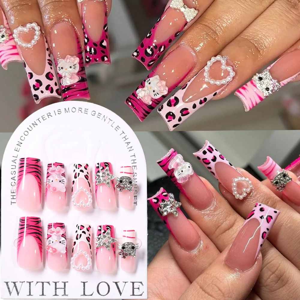 

24Pcs Y2k Pink Leopard French Hello Kitty Fake Nails 3D Full Diamond Star Kitty Head Pearl Heart Press On Nails Full Cover False