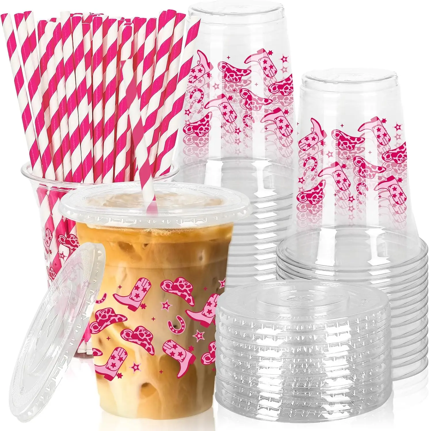 

50Pcs Cowgirl Plastic Cups with Lids and Straws Pink Western Cowgirl Clear Plastic Cups 12oz Disposable Cup for Boho Pre