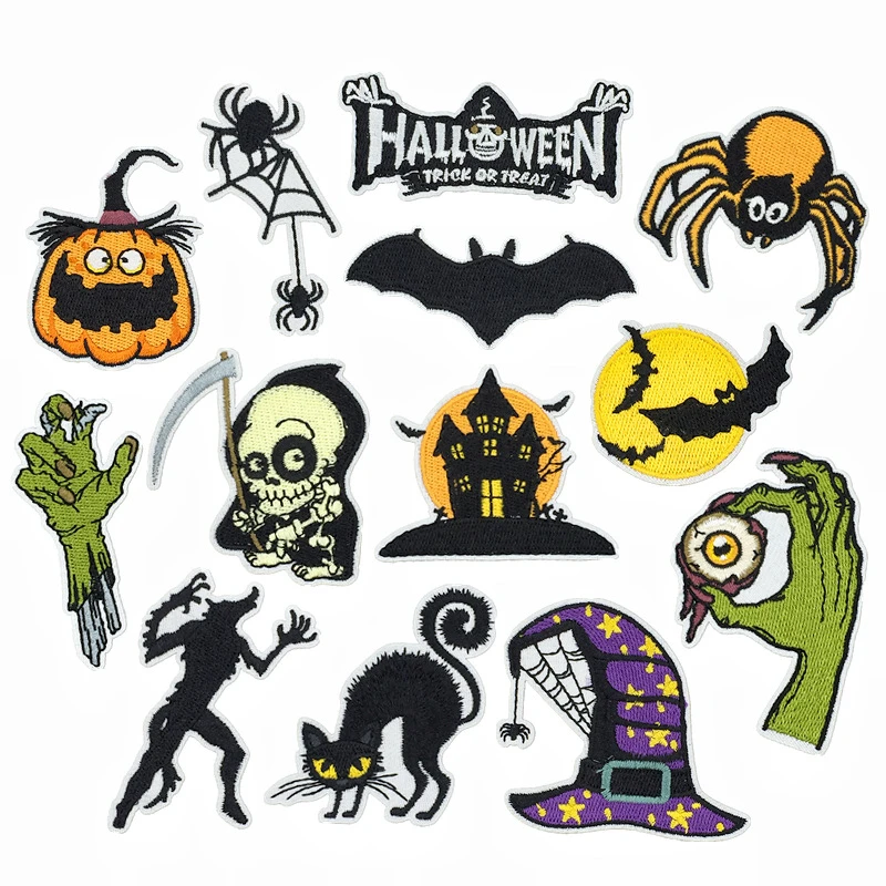 

New Halloween Theme Set with Embroidery Patches Pumpkin, Bat, Skull, Witch Hat, - Iron-On or Sew-On Fabric Decorations