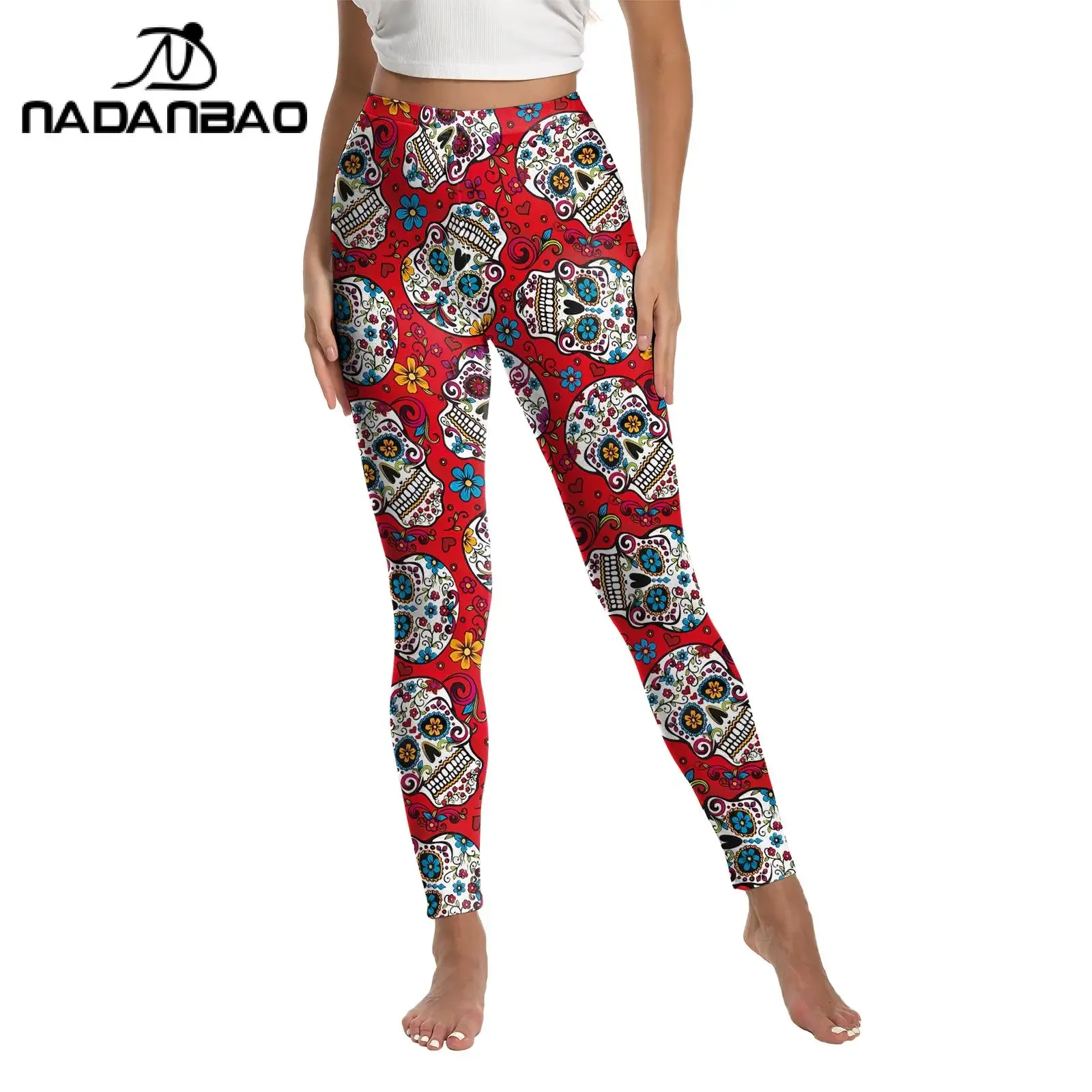 Nadanbao-mallas de esqueleto rosa para mujer, pantalones de fiesta con estampado 3D de calavera, medias sexys del Día de los muertos, pantalones de entrenamiento elásticos de cintura media