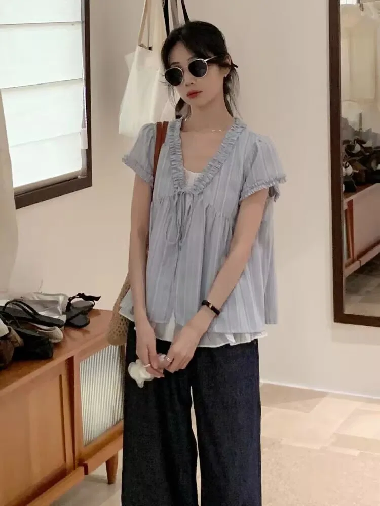 Large Size 2XL Young Women Blue Striped Blouse Cute Ruffles Bubble Sleeve Bandage Tops Fake 2 Piece Korean Trendy Summer Tops