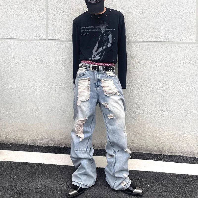 

Осенняя корейская версия, рваные джинсы High Street, мужские свободные прямые брюки-жебраки, расклешенные брюки, повседневные брюки