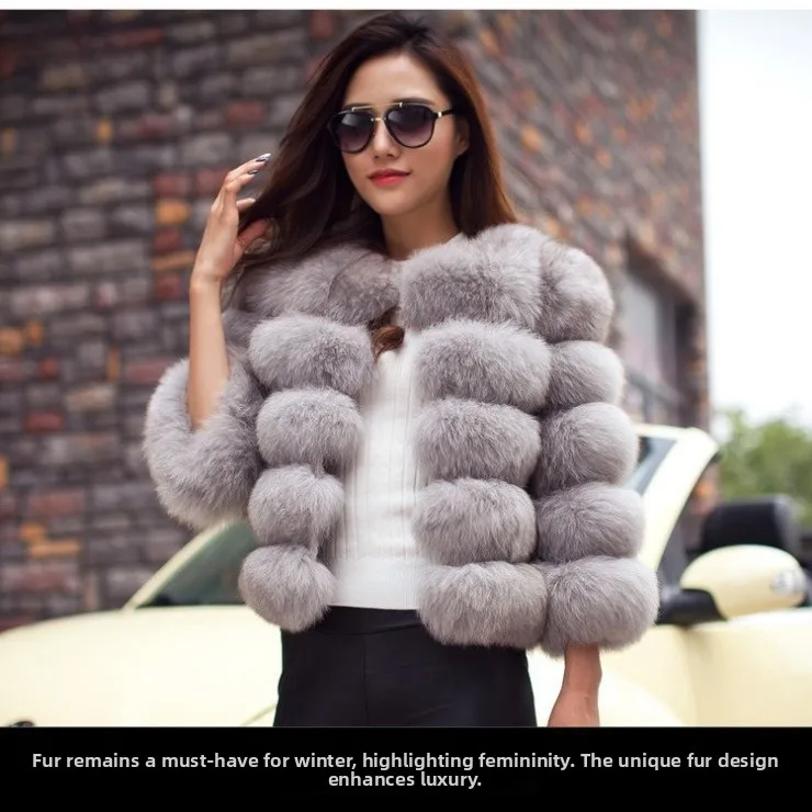 Women's Short Trimmed  Fur Coat Asymmetric Design Warmth 3D Effect Cotton Long Sleeve round Neck Commute Style No Hat