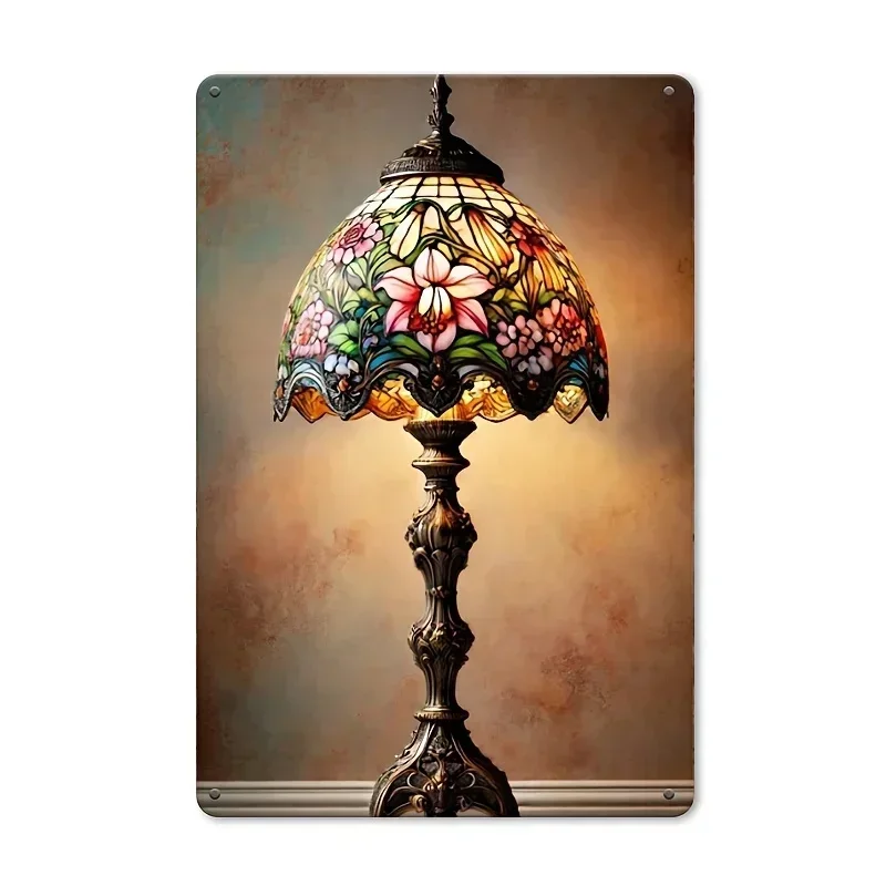 Vintage Tiffany Blumen-Tischlampe Metallplakette Retro Buntglas-Lampe Kunst Heim Innenraum Wanddekoration – Detail 5