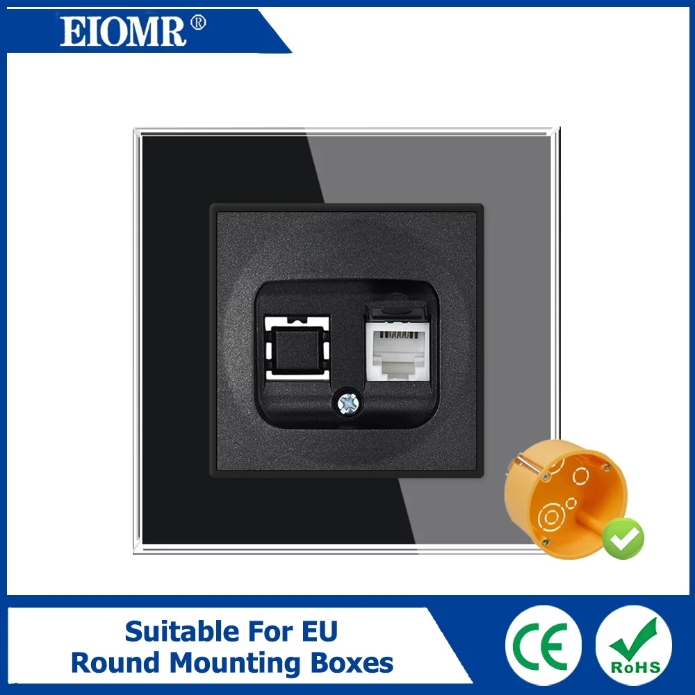 EU Internet RJ45 Cat 6 Data Socket Black Crystal Glass Panel Standard Power Socket Switch with Iron Claw Suitable for Round Box